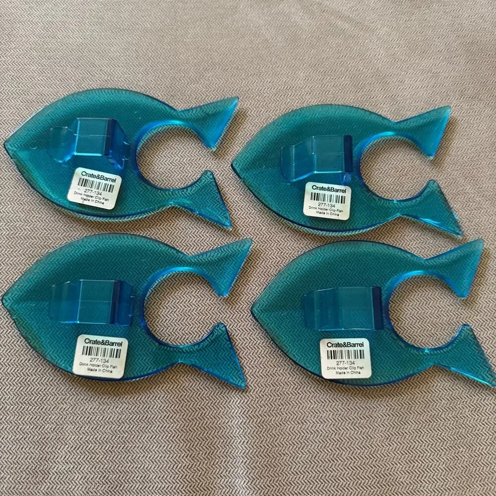 Vintage Crate & Barrel Blue Fish Drink Holder Clips Set of 4 Pool Party